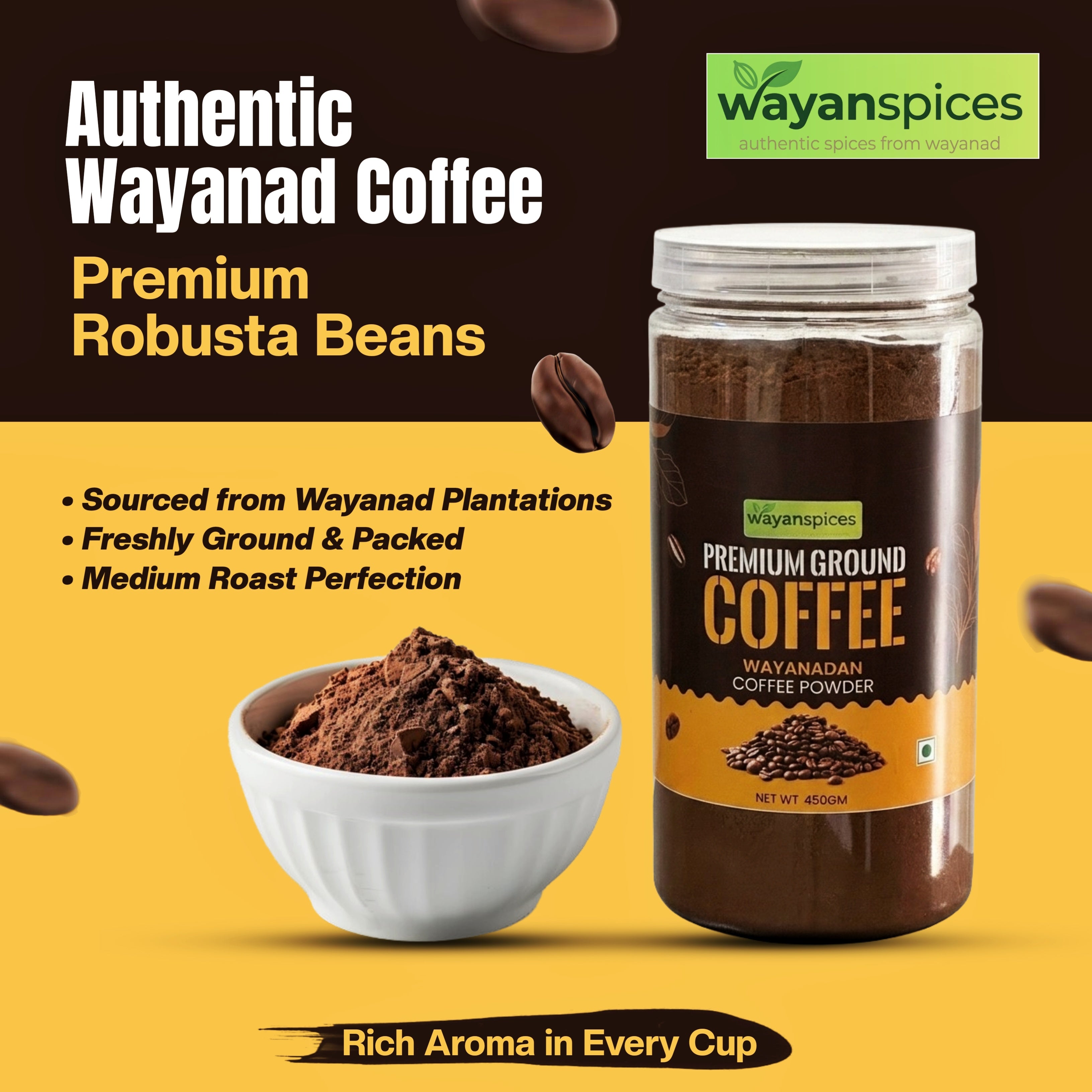 Wayanad Robusta Coffee Powder  100% Pure Ground Coffee, No Chicory, Medium Roast Kerala Coffee