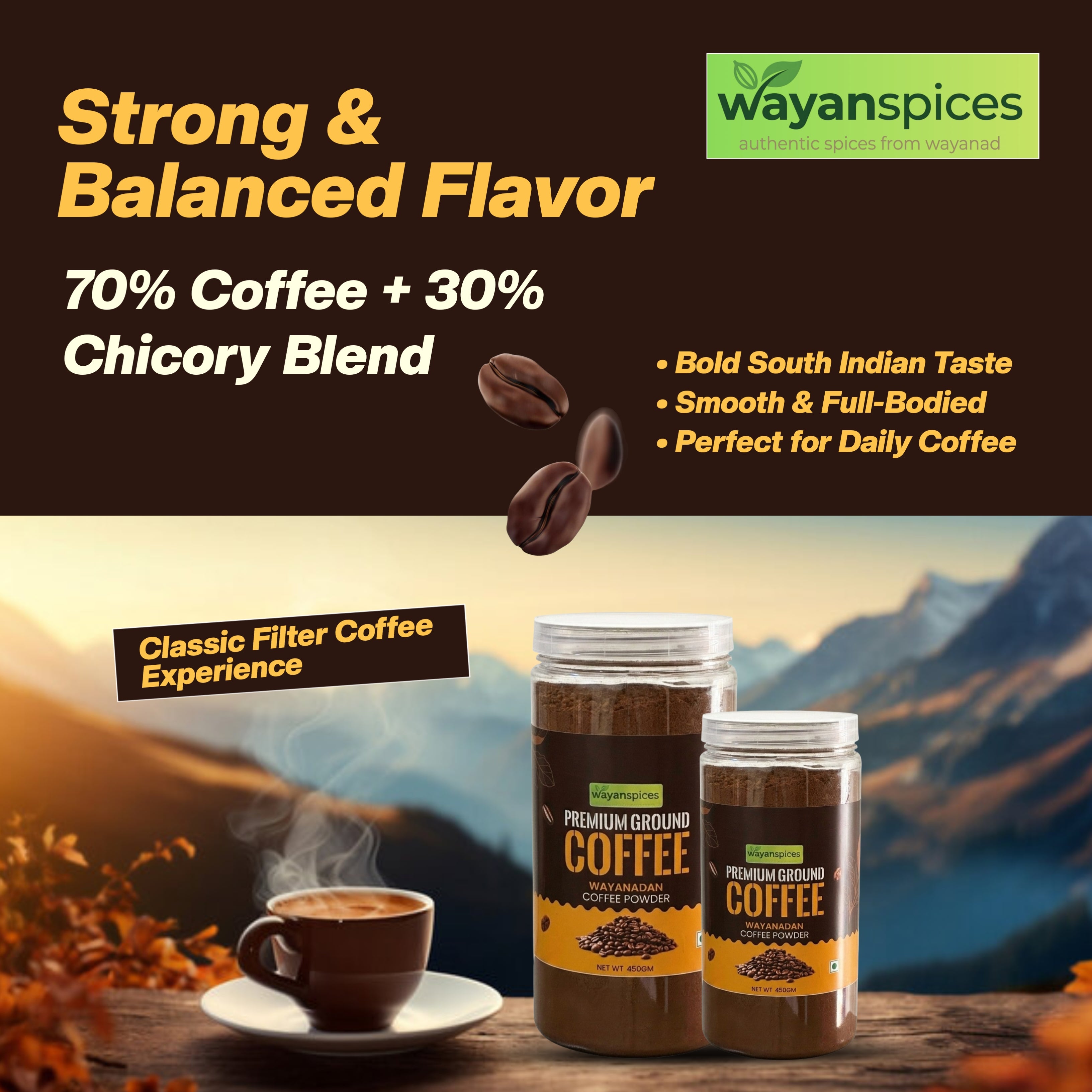 Wayanad Robusta Coffee Powder  100% Pure Ground Coffee, No Chicory, Medium Roast Kerala Coffee