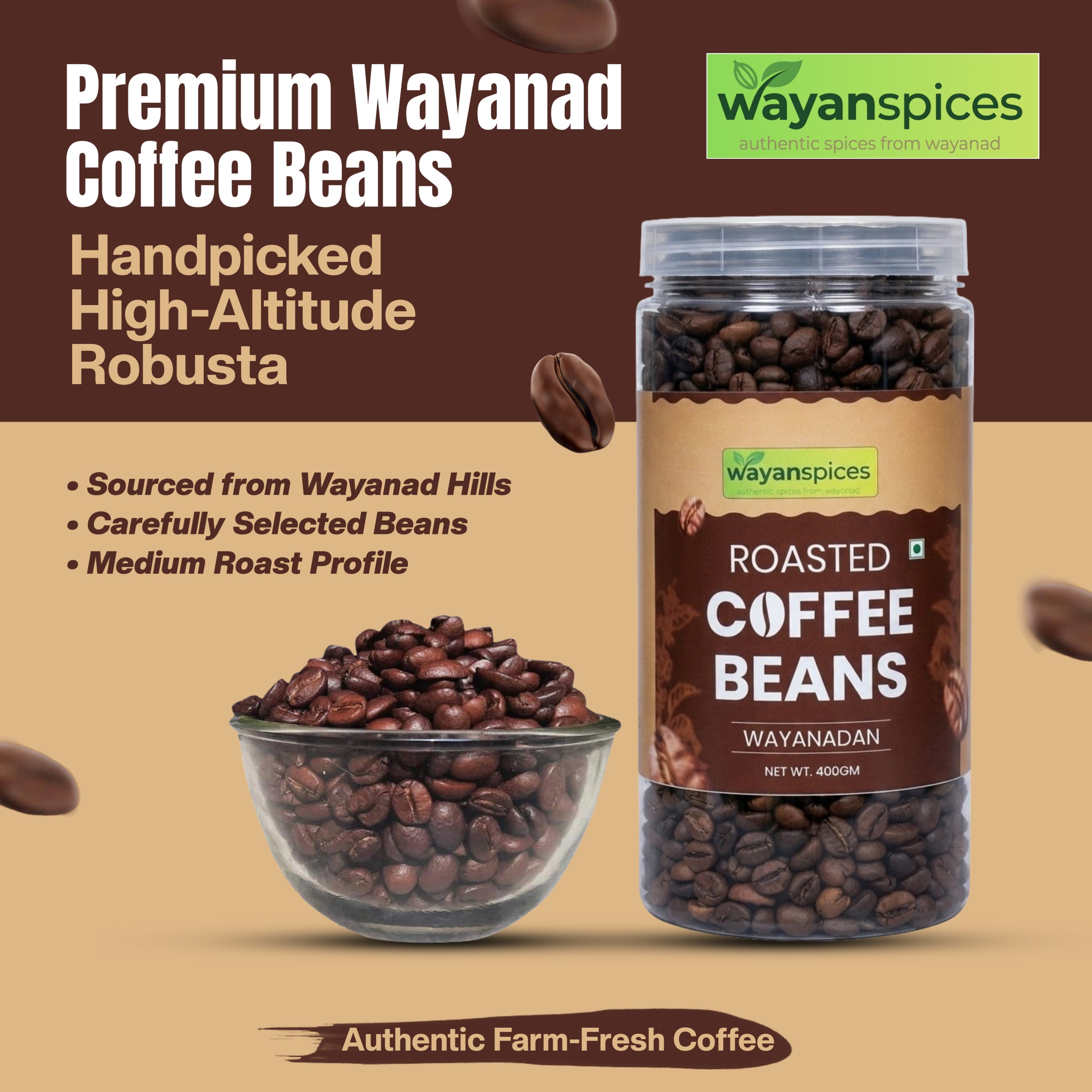 Wayanad Robusta Coffee Beans 400g – Whole Bean Medium Roast, Fresh Kerala Coffee, Bold & Aromatic