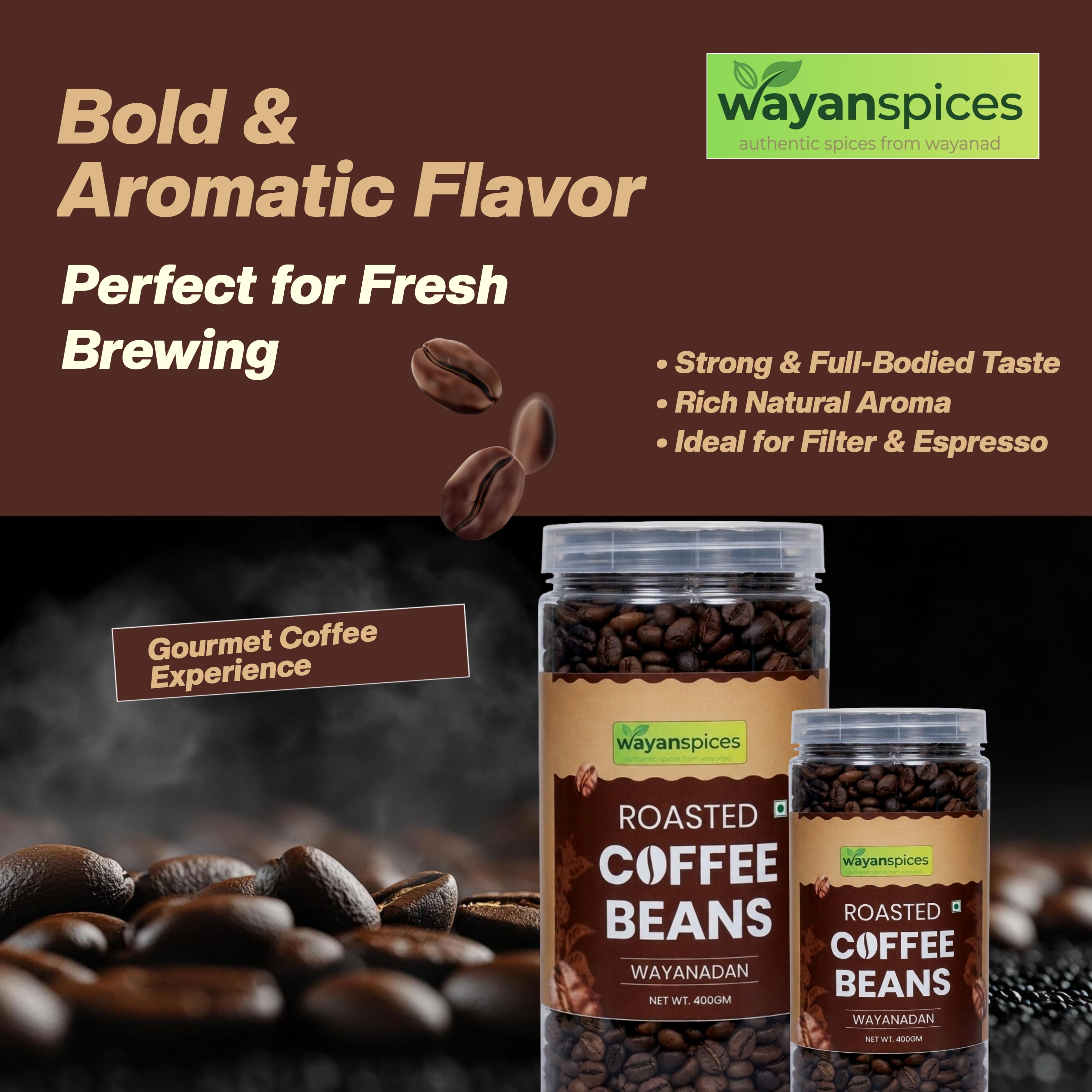 Wayanad Robusta Coffee Beans 400g – Whole Bean Medium Roast, Fresh Kerala Coffee, Bold & Aromatic