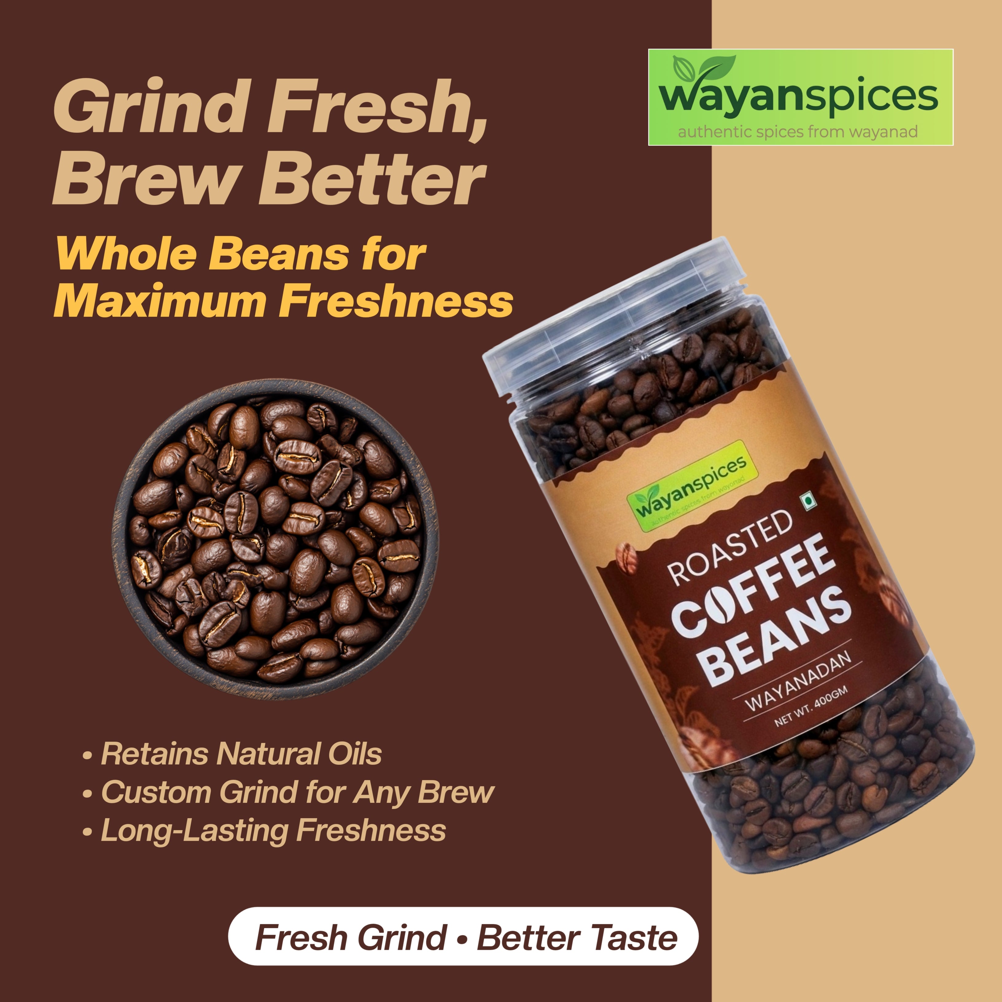 Wayanad Robusta Coffee Beans 400g – Whole Bean Medium Roast, Fresh Kerala Coffee, Bold & Aromatic