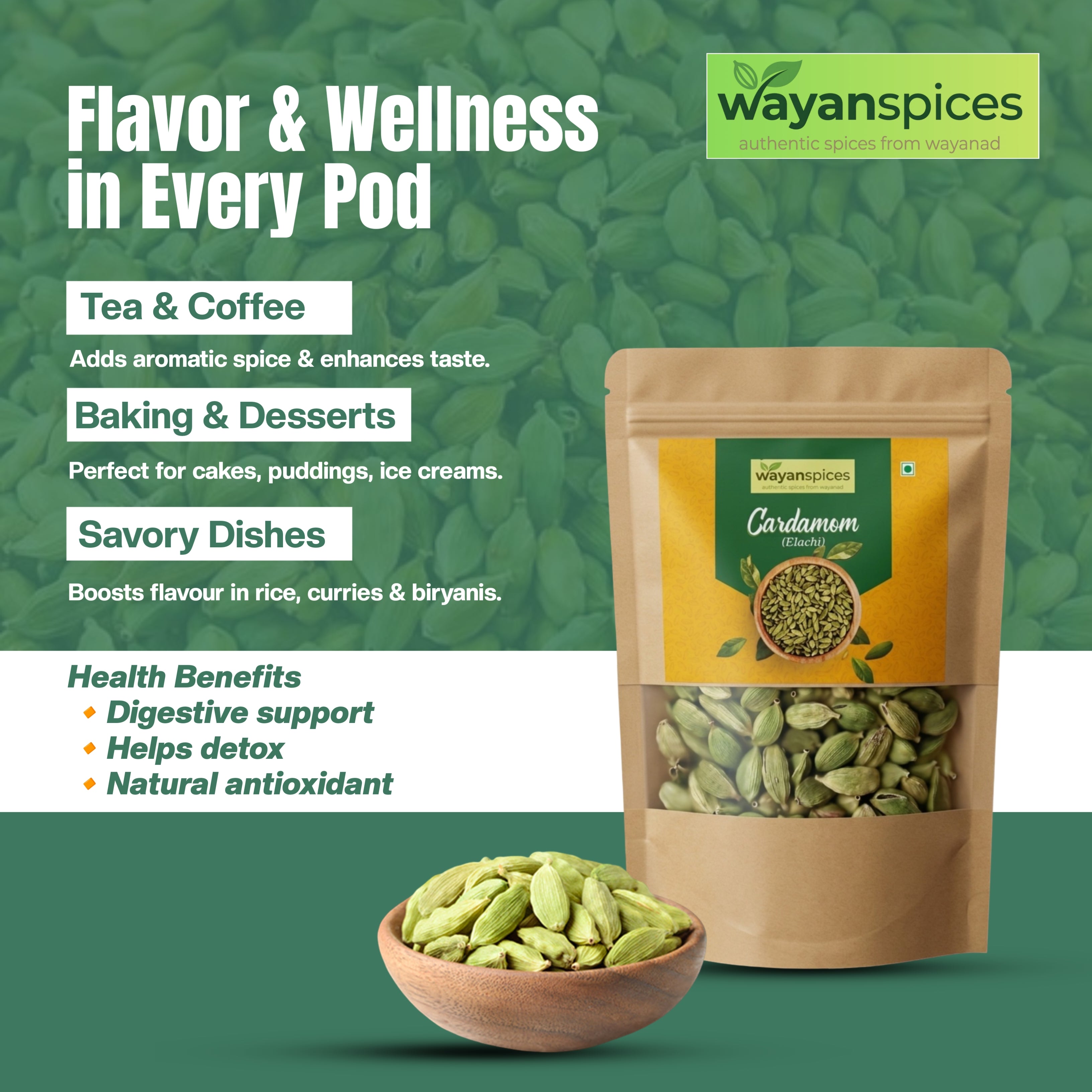 Wayanad Green Cardamom (Elaichi) Premium Quality – Fresh Kerala Spices, Strong Aroma, Natural