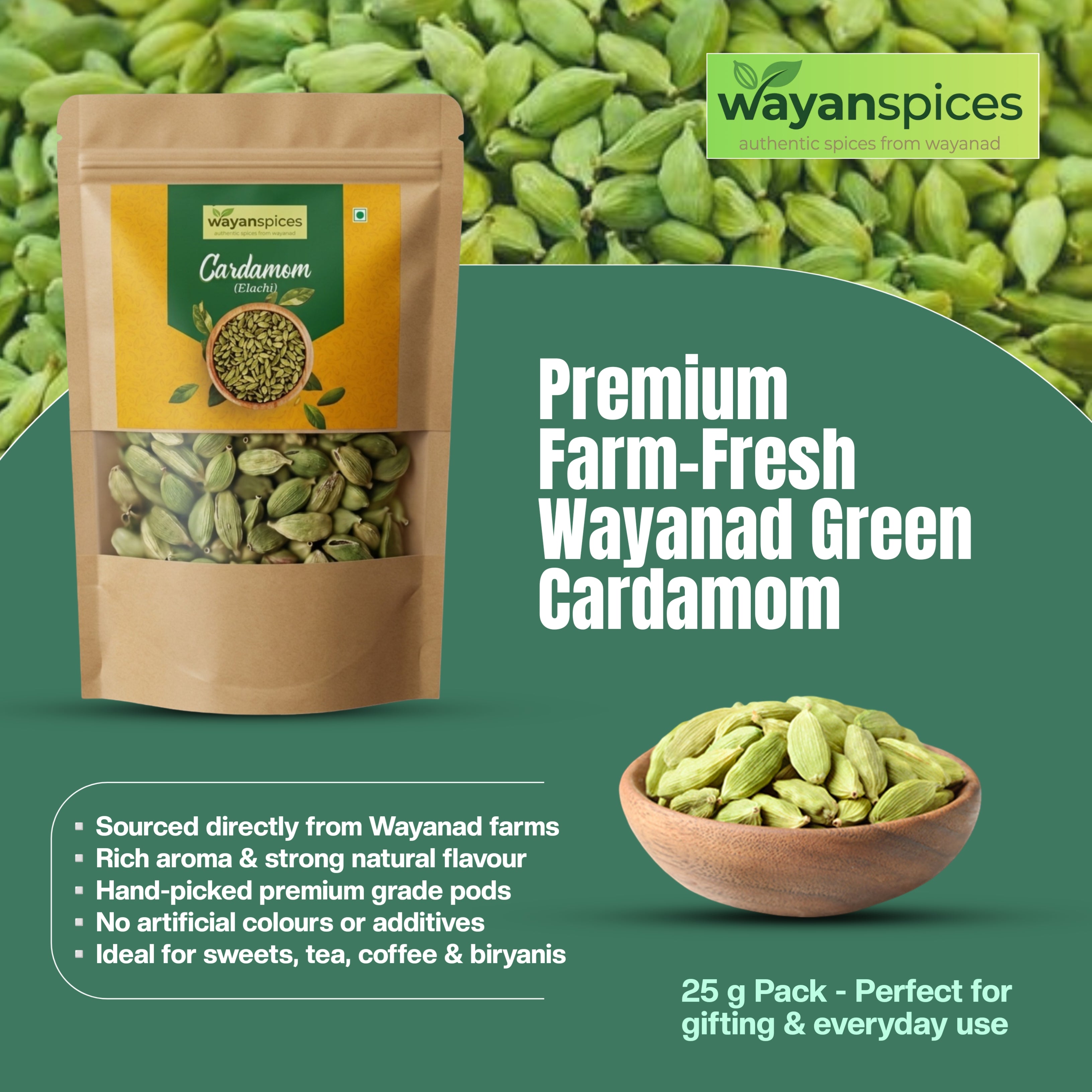 Wayanad Green Cardamom (Elaichi) Premium Quality – Fresh Kerala Spices, Strong Aroma, Natural