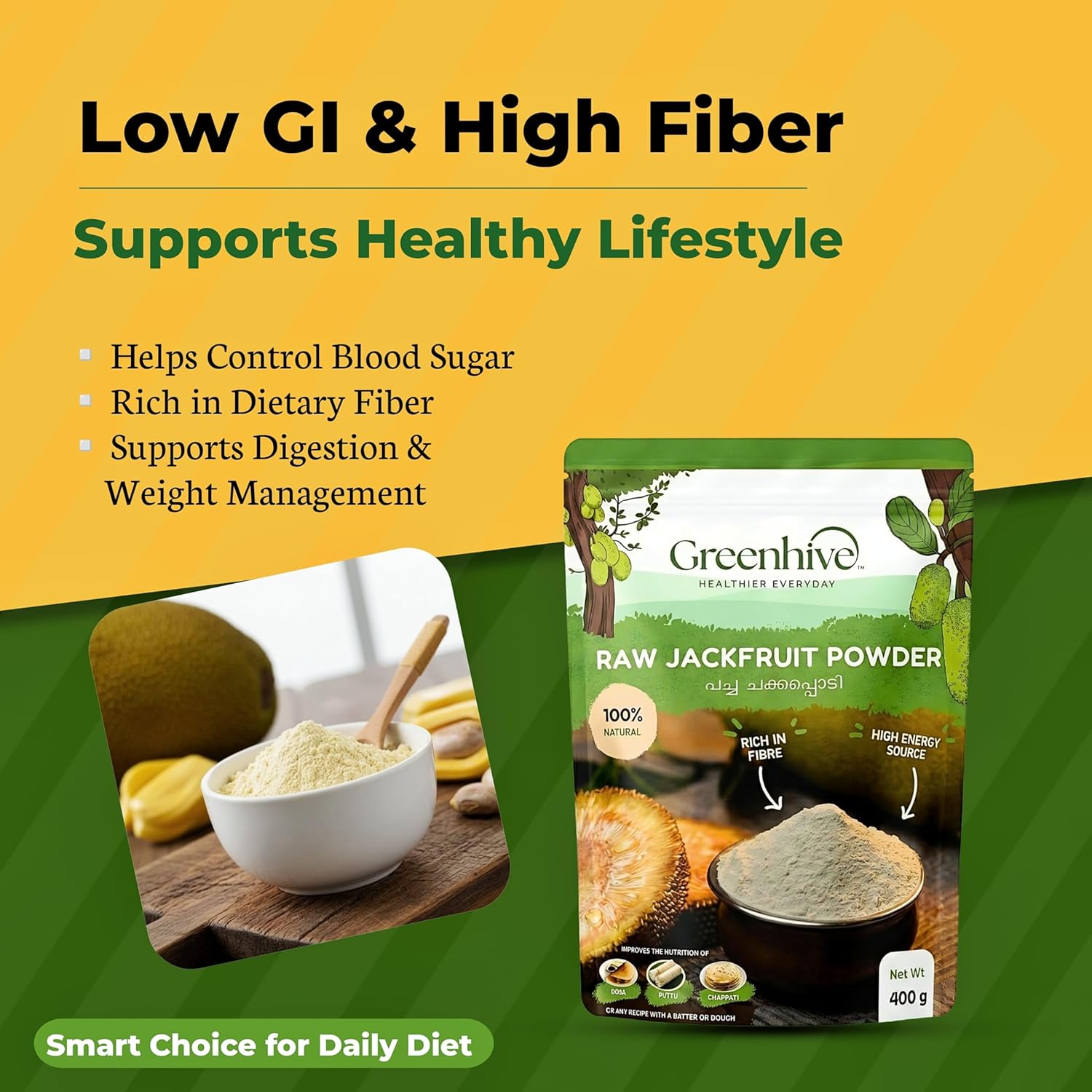 Greenhive Raw Jackfruit Bulb Powder – Natural Kerala Jackfruit Flour | Low GI Healthy Diet Food | No Preservatives