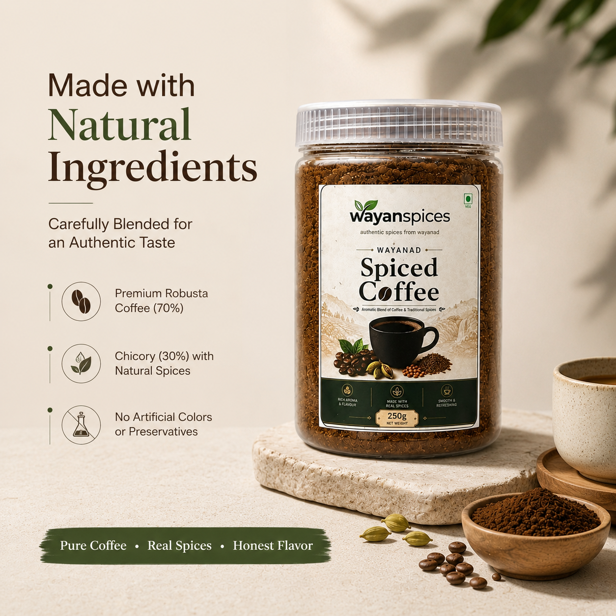 Wayanspices Wayanad Spiced Coffee 250g | Premium Coffee with Cardamom, Cumin, Fenugreek & Chicory | Authentic Kerala Spiced Coffee