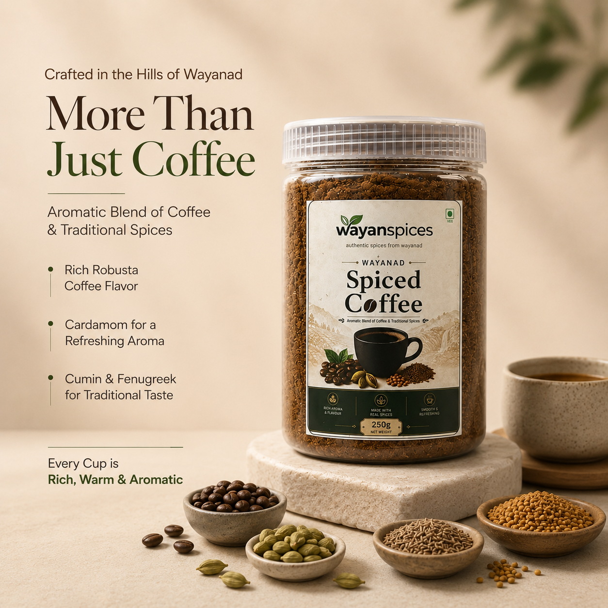 Wayanspices Wayanad Spiced Coffee 250g | Premium Coffee with Cardamom, Cumin, Fenugreek & Chicory | Authentic Kerala Spiced Coffee