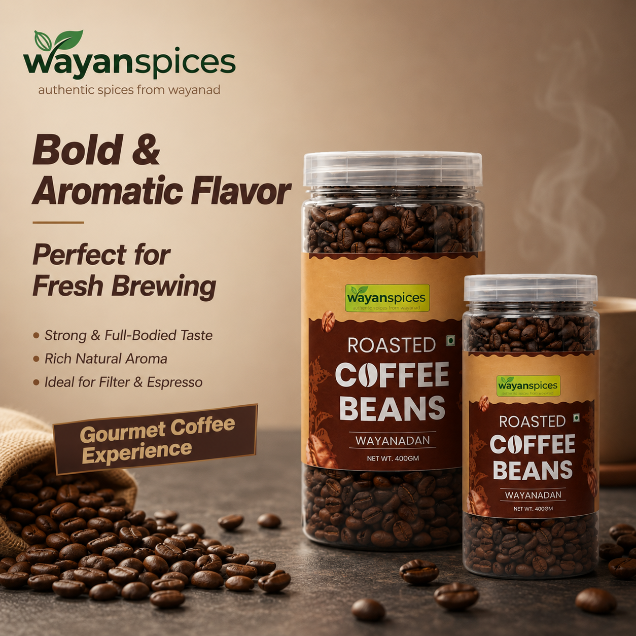 Wayanad Robusta Coffee Beans 400g – Whole Bean Medium Roast, Fresh Kerala Coffee, Bold & Aromatic