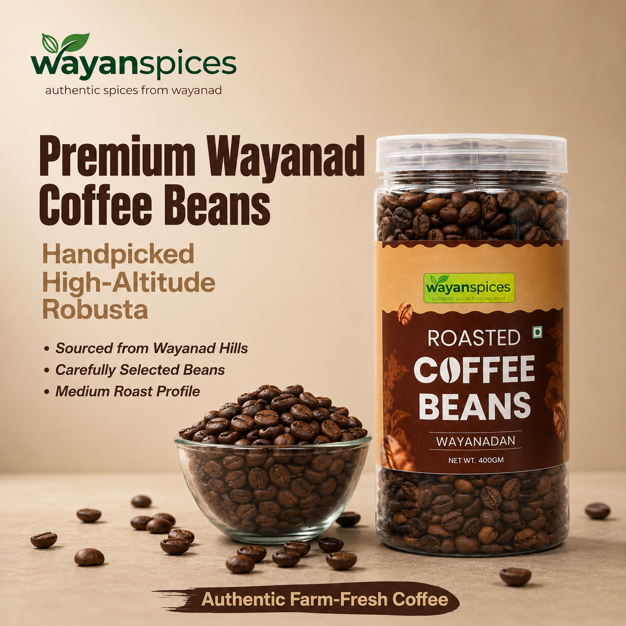 Wayanad Robusta Coffee Beans 400g – Whole Bean Medium Roast, Fresh Kerala Coffee, Bold & Aromatic