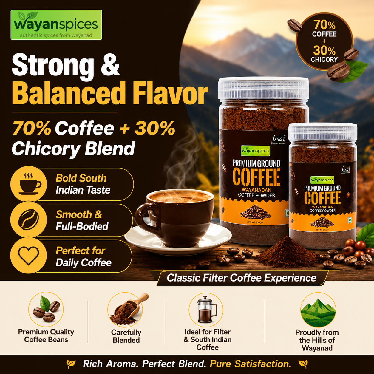 Robusta Filter Coffee Powder 70% Coffee 30% Chicory | Wayanad Kerala Medium Roast Coffee | Strong South Indian Blend with Rich Aroma | Freshly Packed