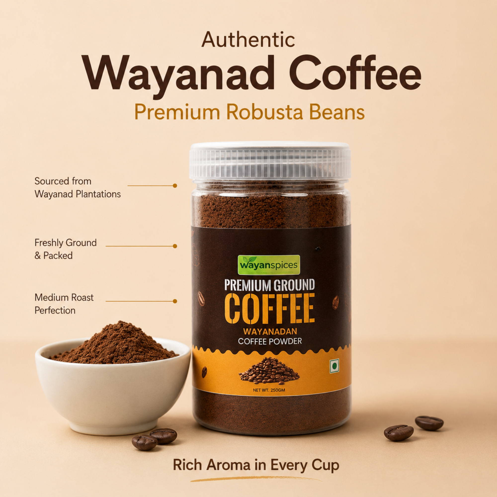 Wayanad Robusta Coffee Beans 400g – Whole Bean Medium Roast, Fresh Kerala Coffee, Bold & Aromatic
