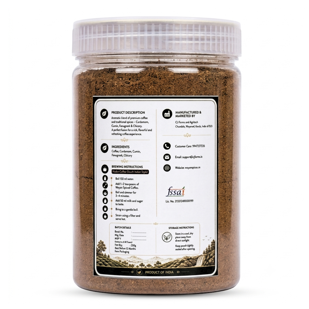 Wayanspices Wayanad Spiced Coffee 250g | Premium Coffee with Cardamom, Cumin, Fenugreek & Chicory | Authentic Kerala Spiced Coffee