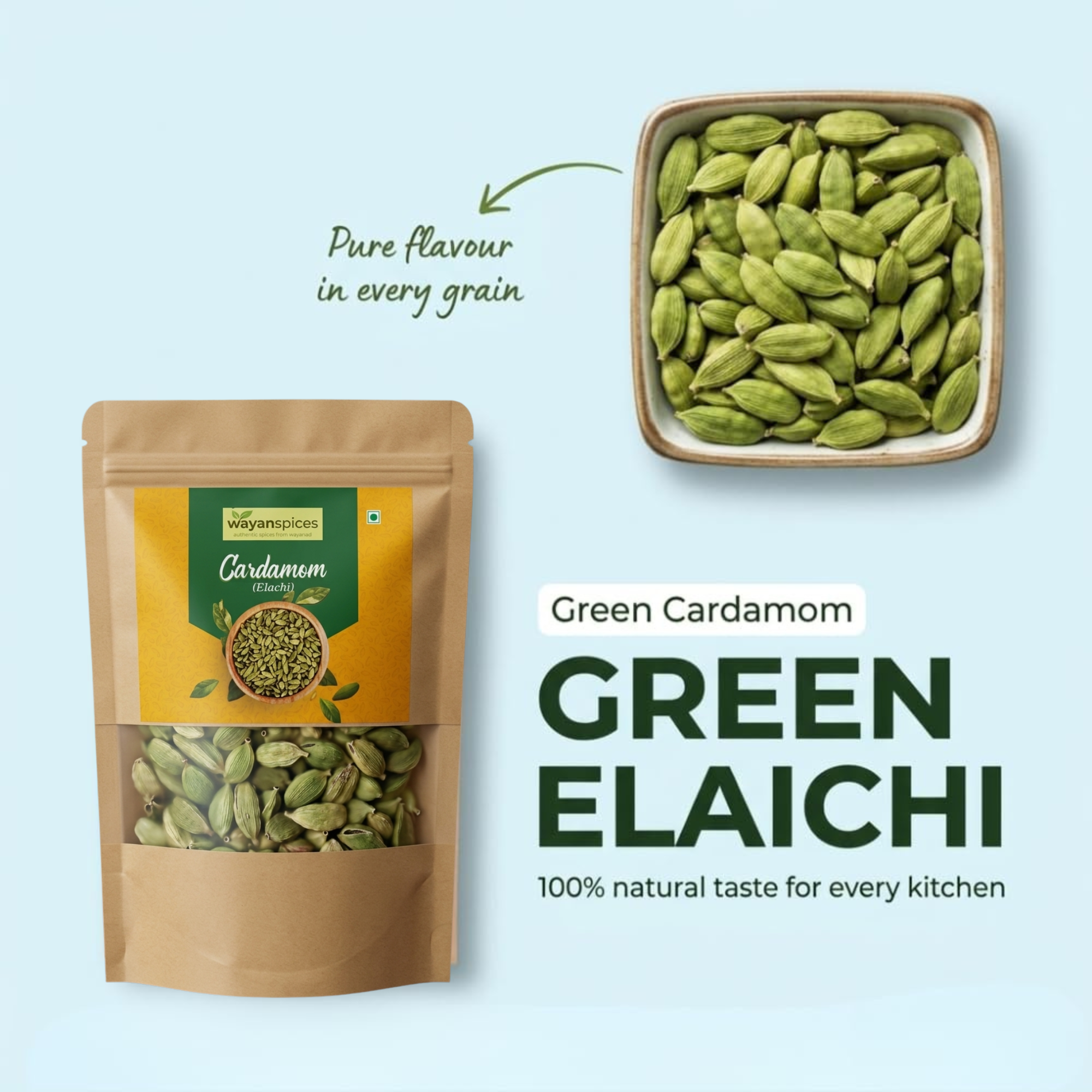 Wayanad Green Cardamom (Elaichi) Premium Quality – Fresh Kerala Spices, Strong Aroma, Natural